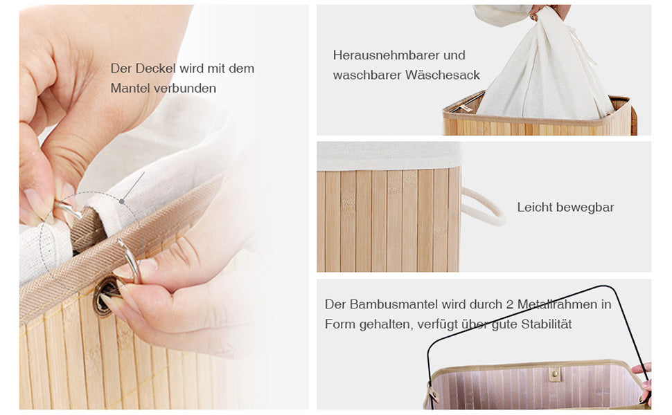 Wäschekorb Bambus Wäschebox Wäschetruhe Wäschekiste Faltbar Wäschesammler mit herausnehmbarem Baumwolle Wäschesack Wäschetonne Naturfarben rechteckig