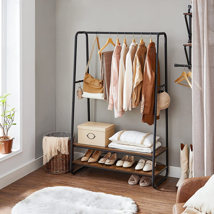 Kleiderständer, Garderobenständer, Garderobe, 2 Ablagen, 6 Haken in S-Form, Stahlgestell, für Schlafzimmer, Flur, Eingangsbereich, Industrie-Design