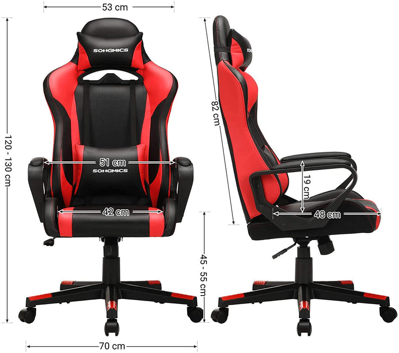 Gaming Stuhl, Schreibtischstuhl, Computerstuhl, Bürostuhl, abnehmbare Kopfstütze, Lendenkissen, höhenverstellbar, Wippfunktion, bis 150 kg belastbar