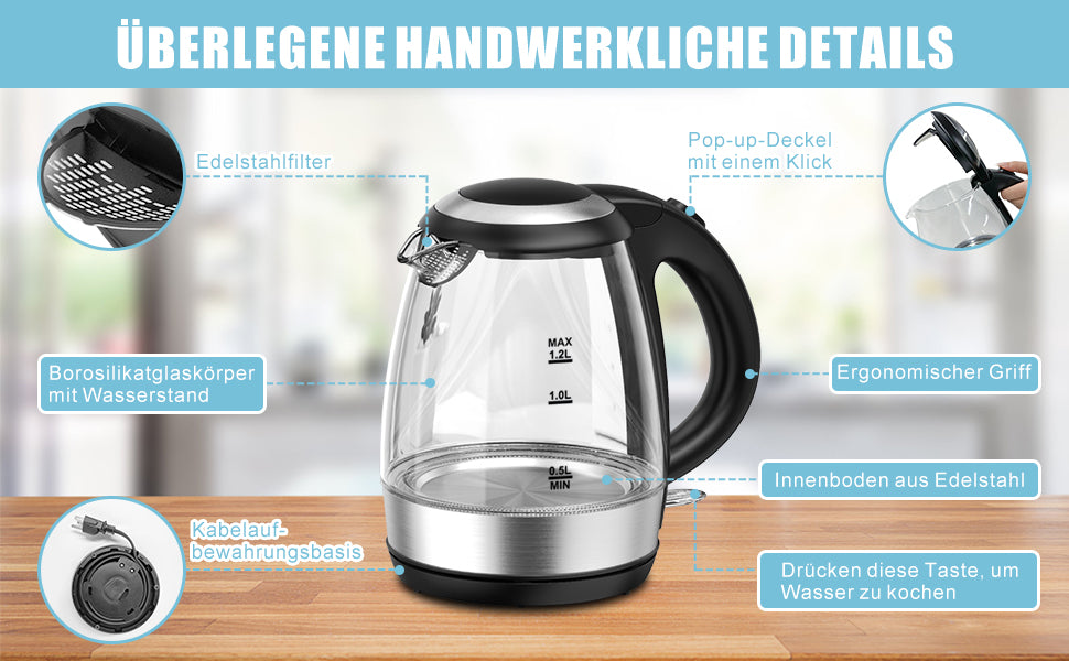 Elektrischer Wasserkocher, 1,2 l, 2.200 W, schnelles Aufwärmen, LED-Licht, elektrische Teekanne, BPA-frei, automatische Abschaltung und Schutz