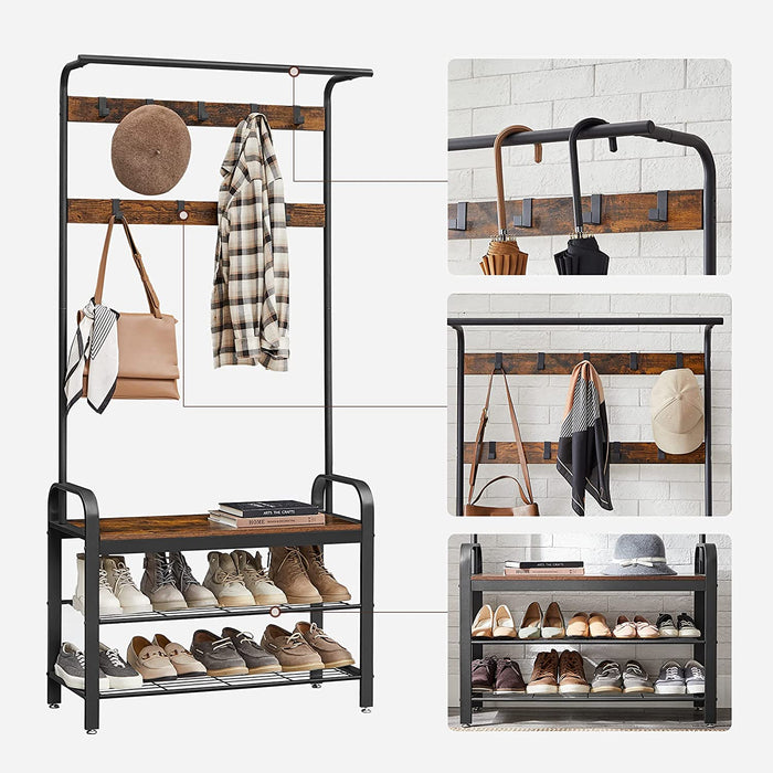 Garderobenständer, Garderobe, Schuhregal mit Sitzfläche, Kleiderständer mit 9 abnehmbaren Haken, Sitzbank, Industrie-Design, vintagebraun-schwarz