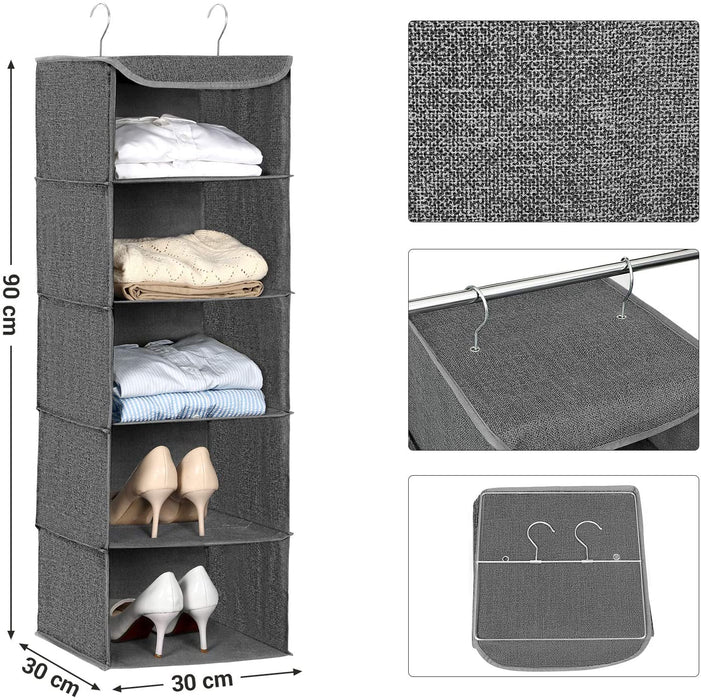 Hängeregal, Kleiderschrank-Organizer, Hängeaufbewahrung, für Kleidung, platzsparend und faltbar, Metallhaken, Bambus-Einsätze, leinenartige Textur, grau