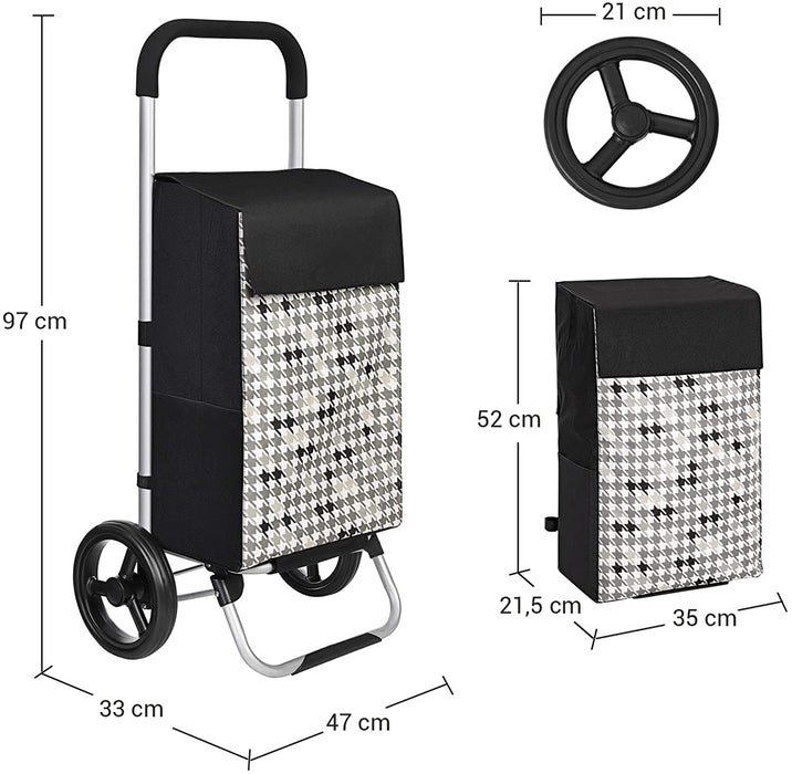 Einkaufstrolley, Einkaufswagen, mit Rädern, Fassungsvermögen 40 L, mit Taschen, leisen Rädern und Haken, 47 x 33 x 97 cm, stabil und robust