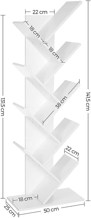 Bücherregal, Standregal, mit 8 Ebenen, DVD-Regal, in Baumform, für Wohnzimmer, Arbeitszimmer, Kinderzimmer, Büro, weiß