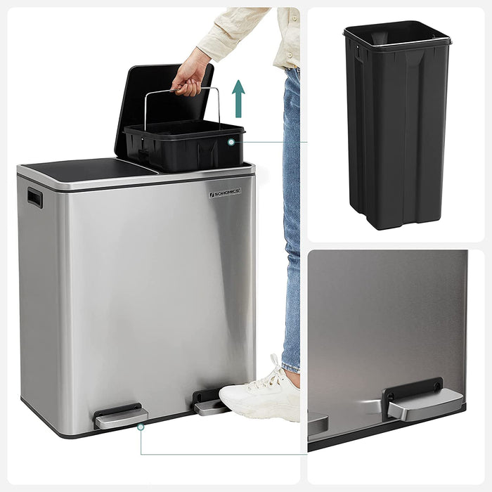 Mülleimer, 2 x 30 L, 2 Fächer, Mülltrennsystem, Treteimer, Abfalleimer Küche, 15 Müllsäcke, aus Metall, Inneneimer aus Kunststoff, Klappdeckel