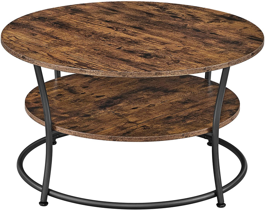 Couchtisch rund, Wohnzimmertisch, Sofatisch mit Ablage, einfacher Aufbau, Metall, Industrie-Design, Vintagebraun-schwarz