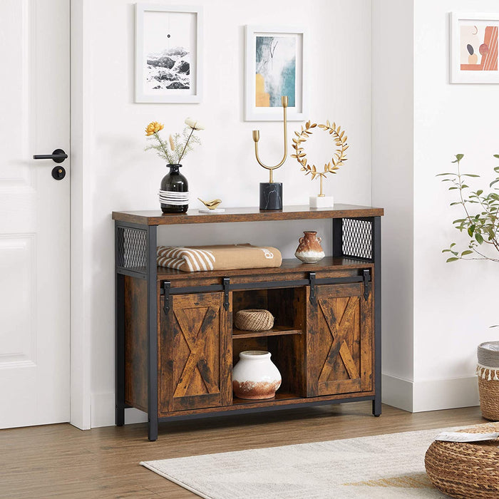 Sideboard, Küchenschrank, Aufbewahrungsschrank, mit 2 Schiebetüren, verstellbare Ablage, industriell, für Wohnzimmer, vintagebraun-schwarz