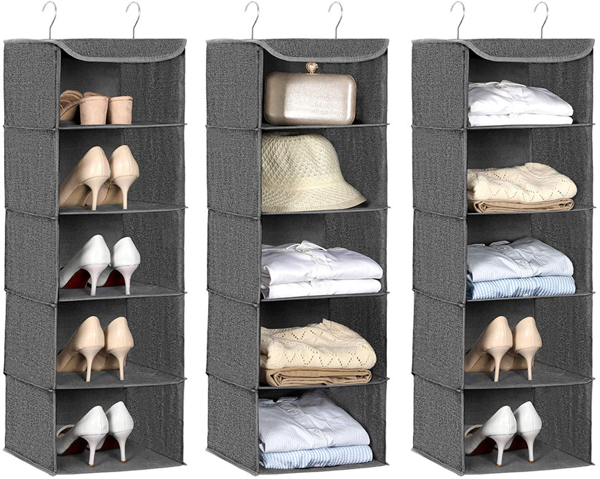 Hängeregal, Kleiderschrank-Organizer, Hängeaufbewahrung, für Kleidung, platzsparend und faltbar, Metallhaken, Bambus-Einsätze, leinenartige Textur, grau