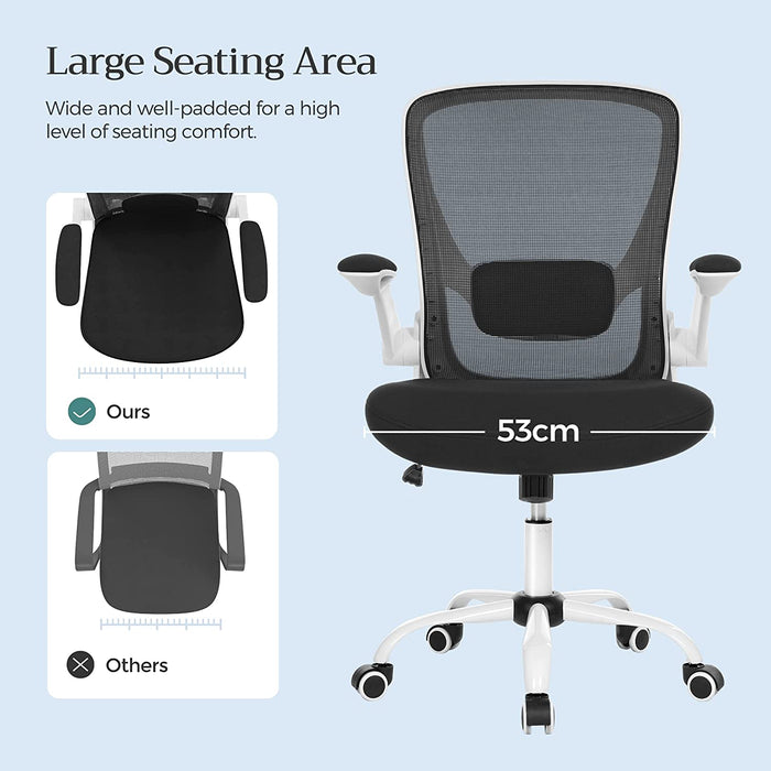 Bürostuhl ergonomisch, Schreibtischstuhl klappbare armlehne, 360° Drehstuhl, verstellbare Lendenstütze, platzsparend, schwarz-weiß