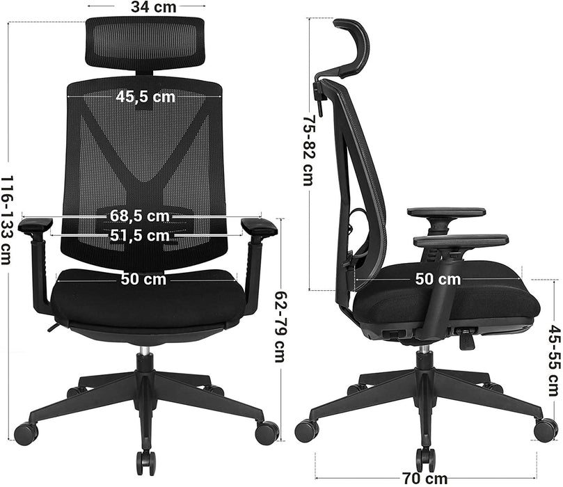 Bürostuhl mit Fußstütze, Ergonomischer Schreibtischstuhl mit Lordosenstütze, verstellbare Kopfstütze und Armstütze, Höhenverstellung und Wippfunktion