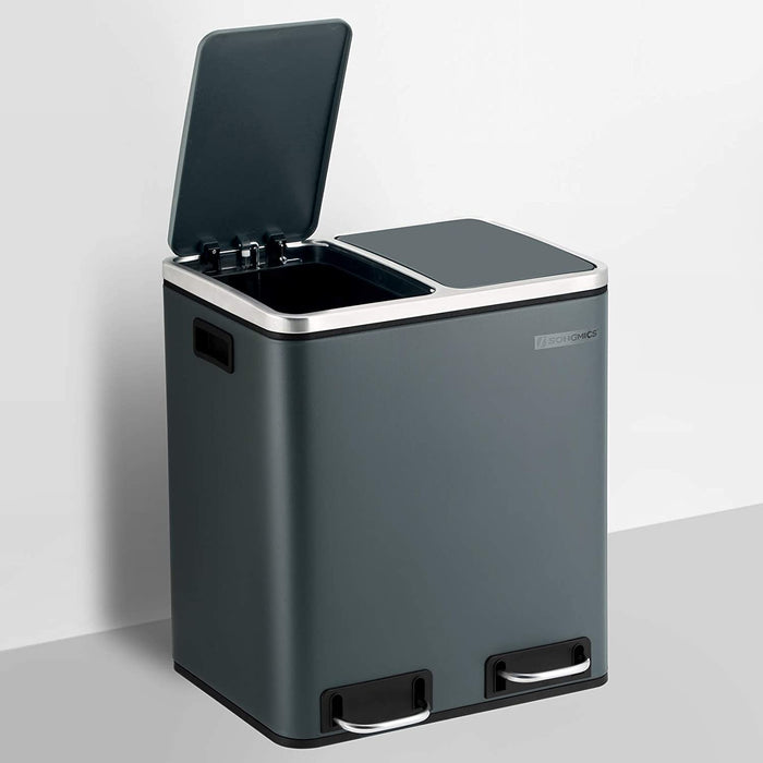 Mülleimer für die Küche, 30 L, Mülltrennung, Abfalleimer aus Metall, Treteimer mit Inneneimern und Griffen, Mülltrennsystem, 2 x 15 Liter, Softclose
