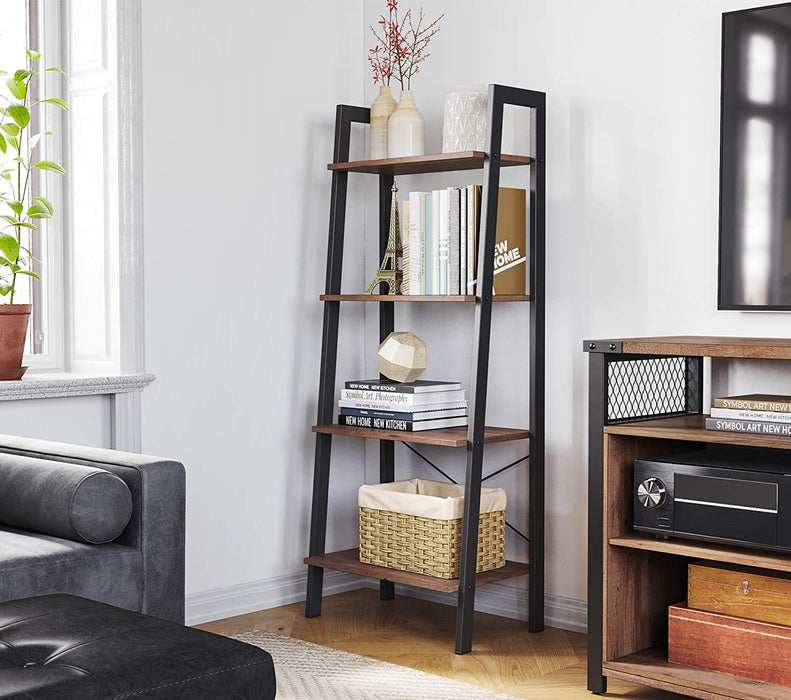 Standregal, Bücherregal, 4 Ebenen Leiterregal, stabiles Metallgestell, einfache Montage, für Wohnzimmer, Schlafzimmer, Küche, haselnussbraun-schwarz