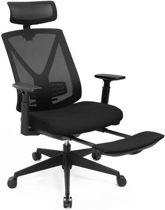 Bürostuhl mit Fußstütze, Ergonomischer Schreibtischstuhl mit Lordosenstütze, verstellbare Kopfstütze und Armstütze, Höhenverstellung und Wippfunktion