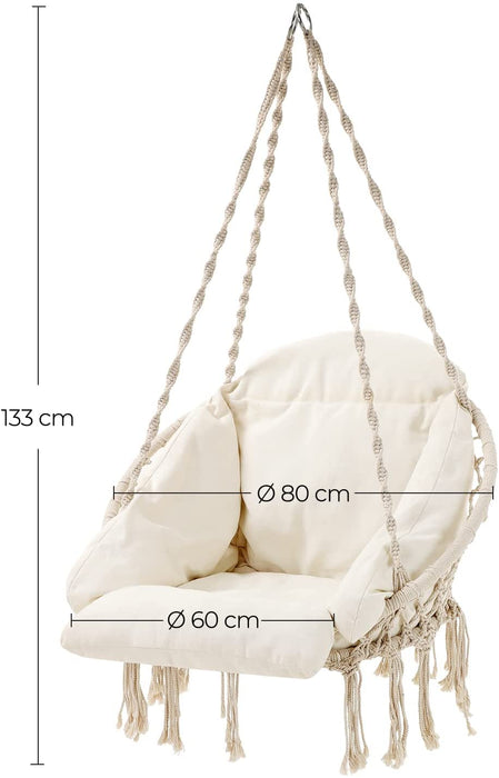 Hängesessel, Hängeschaukel, Hängestuhl mit einem dicken Kissen, bis 120 kg belastbar, für Garten, Balkon, Wohnzimmer, Terrasse, skandinavischer Stil