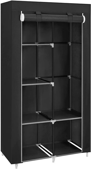 Stoffschrank, Kleiderschrank, 2 Kleiderstangen, 6 Ablagen, verschiedene Aufbaumöglichkeiten, 88 x 45 x 168 cm, für Schlafzimmer, Ankleidezimmer, schwarz