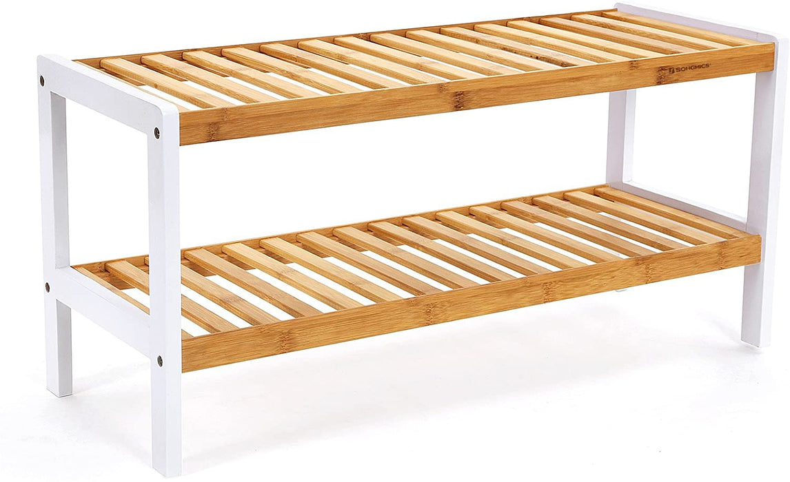 Schuhregal aus Bambus, Schuhablage mit 2 Ebenen, Schuh-Organizer, Regal für Schuhe, Pflanzen, Bücher, Wohnzimmer, Flur, Schlafzimmer, weiß-naturfarben