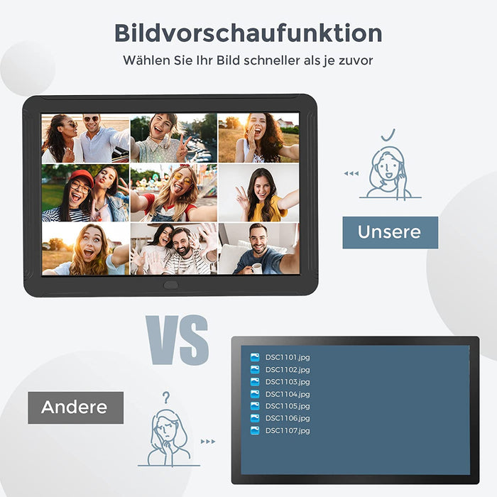 Digitaler Bilderrahmen 8 Zoll, Elektronischer Bilderrahmen mit 1920x1080P HD IPS Screen, Fernbedienung Einfache Einrichtung Video Musik Foto Kalender