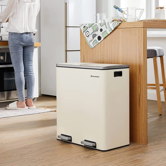 Mülleimer, 2 x 30 L, 2 Fächer, Mülltrennsystem, Treteimer, Abfalleimer Küche, 15 Müllsäcke, aus Metall, Inneneimer aus Kunststoff, Klappdeckel