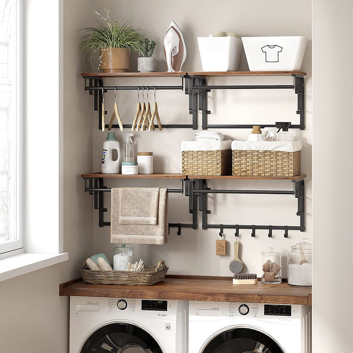 Wandgarderobe mit Ablage, Wandregal mit 5 abnehmbaren Haken, wandmontiertes Hängeregal mit Hängestange, für Flur, Schlafzimmer