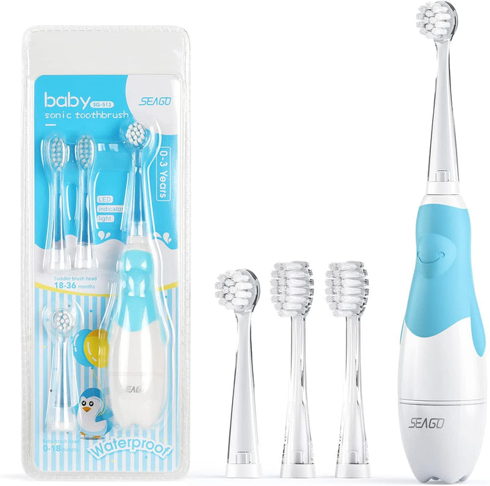 Elektrische Zahnbürste Kinder 6 Monaten bis 4 Jahren, Schallzahnbürste mit LED Licht Aufsteckbürste Smart Timer Wasserdicht IPX7,SG513 (Blue)