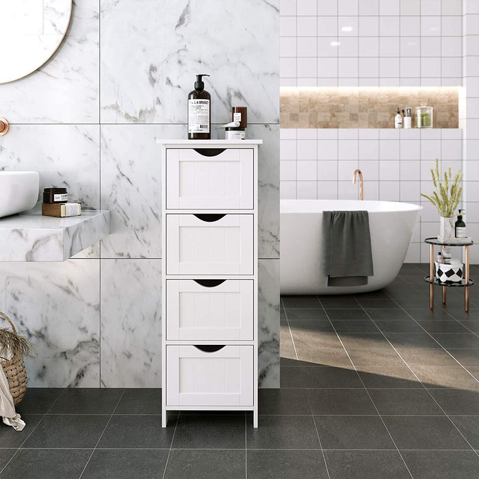 Badezimmerschrank, schmaler Badschrank aus Holz mit 4 Schubladen, 30 x 30 x 82 cm, Wohnzimmer, Schlafzimmer, Flur, tief, freistehend, platzsparend, weiß