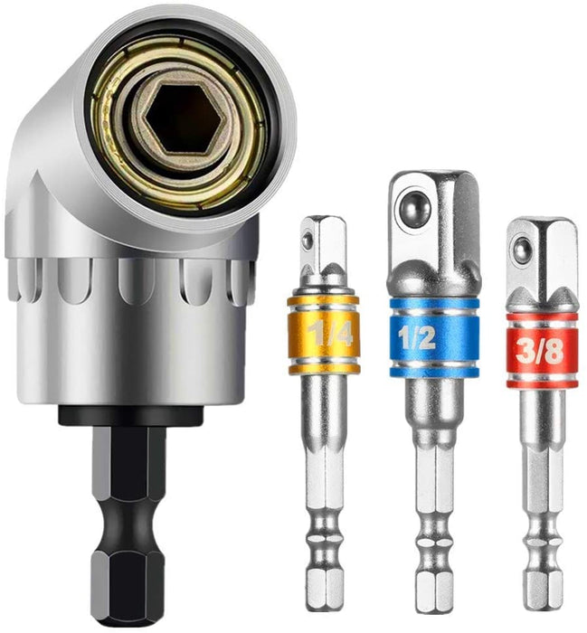 105° Winkelschrauber Vorsatz Adapter (1/4 Zoll, Bohrer Sechskantschaft) und 3 teilig Stecknussadapter Akkuschrauber Nuss Adapter Socket