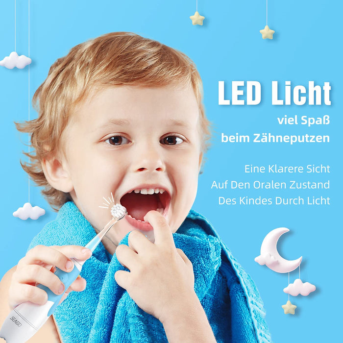 Elektrische Zahnbürste Kinder 6 Monaten bis 4 Jahren, Schallzahnbürste mit LED Licht Aufsteckbürste Smart Timer Wasserdicht IPX7,SG513 (Blue)