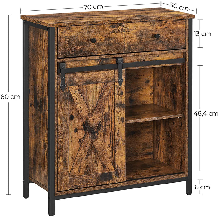 Beistellschrank, Sideboard mit Regalebene und Schublade, Küchenschrank, Kommode mit Schiebetür im Landhausstil, Industrie-Design, vintagebraun-schwarz