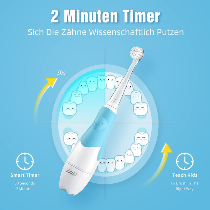 Elektrische Zahnbürste Kinder 6 Monaten bis 4 Jahren, Schallzahnbürste mit LED Licht Aufsteckbürste Smart Timer Wasserdicht IPX7,SG513 (Blue)