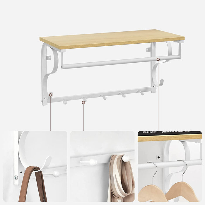 Wandgarderobe, Wandregal mit 5 Haken und Ablage, im Industrie-Design, Hakenleiste mit Hängestange, für Flur, Schlafzimmer, Badezimmer und Wohnzimmer