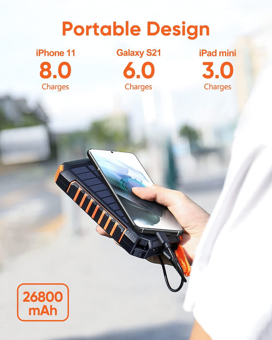 Wireless Solar Powerbank 26800mAh Wasserdichtes Solar Ladegerät USB C Externer Akku mit 4 Outputs, Power Bank für Smartphones, Tablets und mehr