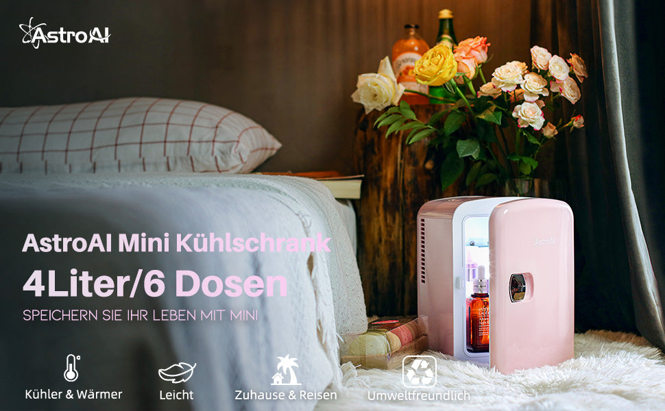 2 in 1 Mini Kühlschrank, 4 Liter Fridge mit Kühl- und Heizfunktion 12 Volt am Zigarettenanzünder und 220 Volt Steckdose für Autos, Büros, Rosa