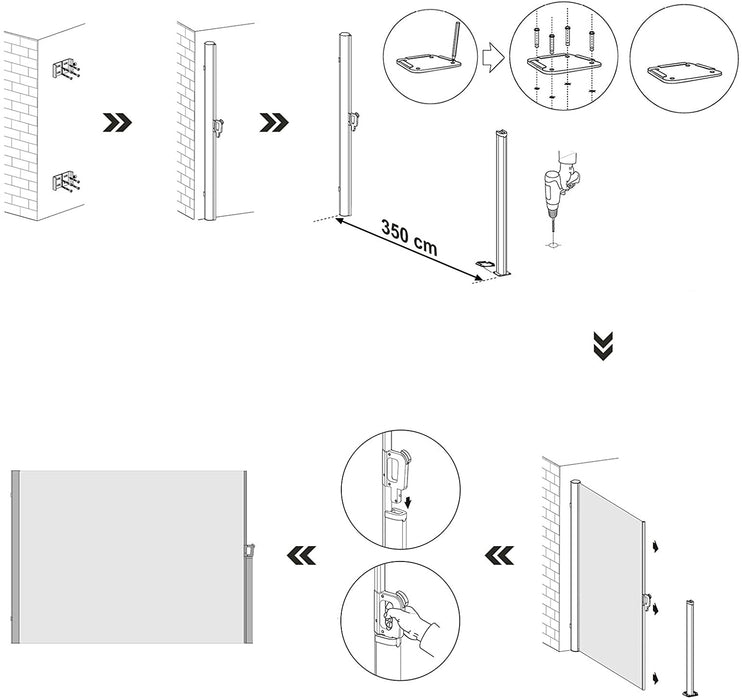 Seitenmarkise, ausziehbar, 160 x 350 cm, Sichtschutz, Sonnenschutz, Blickdicht, Seitenrollo, für Balkon, Terrasse, Garten, beige