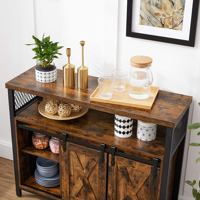 Sideboard, Küchenschrank, Aufbewahrungsschrank, mit 2 Schiebetüren, verstellbare Ablage, industriell, für Wohnzimmer, vintagebraun-schwarz