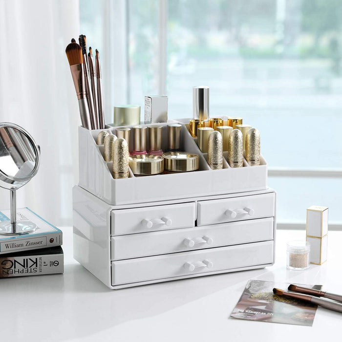 Make-up, Kosmetik-Organizer mit 4 Schubladen und 16 Fächern in unterschiedlichen Größen, rutschfeste Einlagen, für Schminke und Schmuck, weiß