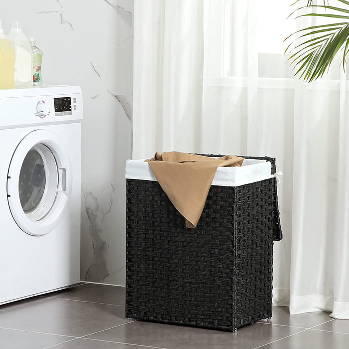 Wäschekorb handgeflochten, 90 L, Wäschesammler aus synthetischem Rattan, mit Deckel und Griffen, faltbar, Wäschesack herausnehmbar, schwarz