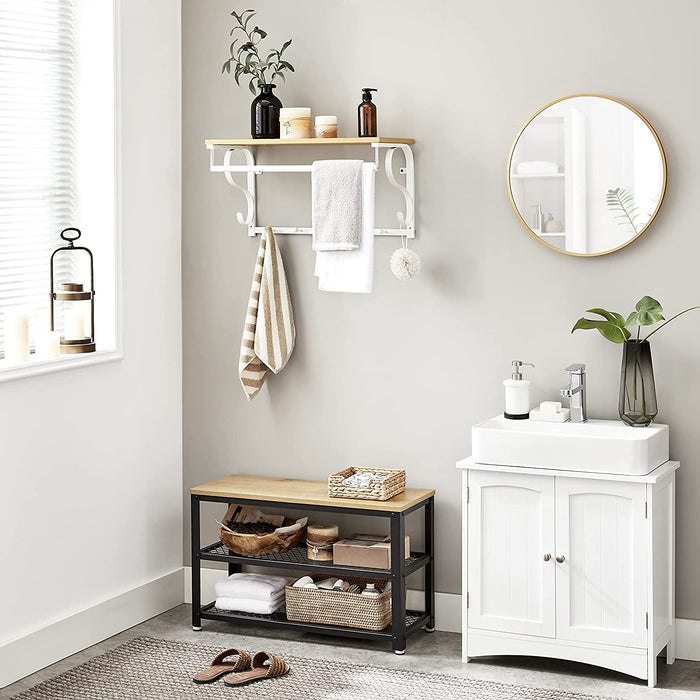 Wandgarderobe, Wandregal mit 5 Haken und Ablage, im Industrie-Design, Hakenleiste mit Hängestange, für Flur, Schlafzimmer, Badezimmer und Wohnzimmer