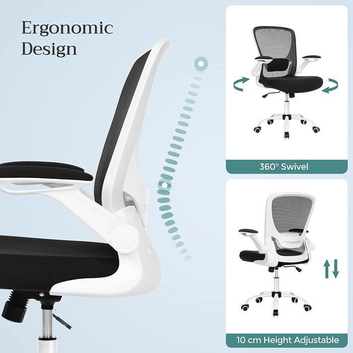 Bürostuhl ergonomisch, Schreibtischstuhl klappbare armlehne, 360° Drehstuhl, verstellbare Lendenstütze, platzsparend, schwarz-weiß