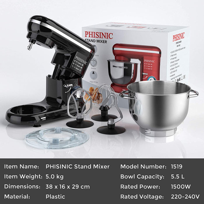 Küchenmaschine Knetmaschine 1500W Teigmaschine Rührmaschine mit 5,5 L Edelstahl Schüssel Geräuscharme Teigknetmaschine inkl 3-Teilig