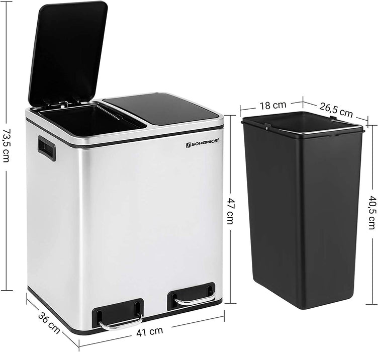 Mülleimer für die Küche, 30 L, Abfalleimer aus Metall, Mülltrennung, Treteimer mit Inneneimern und Griffen, 2 x 15 Liter, Softclose, luftdicht