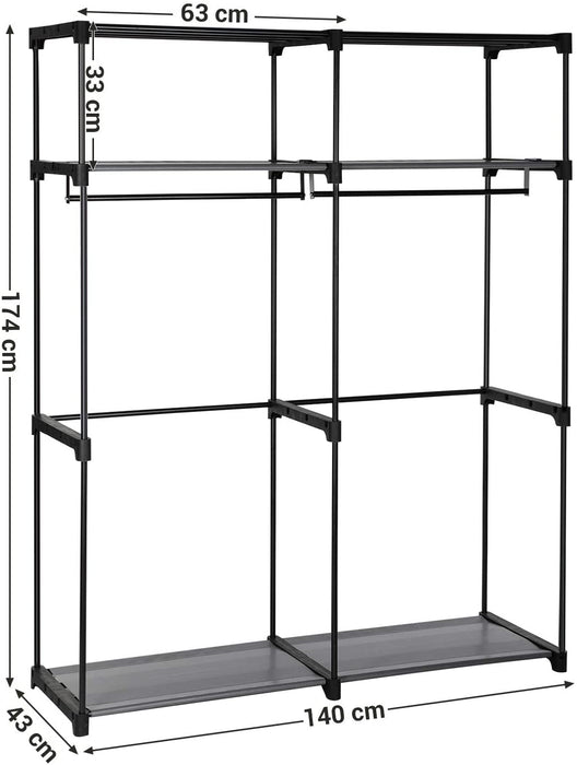 Kleiderschrank, Stoffschrank, Garderobe mit 2 Kleiderstangen, Aufbewahrung von Kleidung, Kleiderständer, faltbar, Ankleidezimmer, Schlafzimmer schwarz