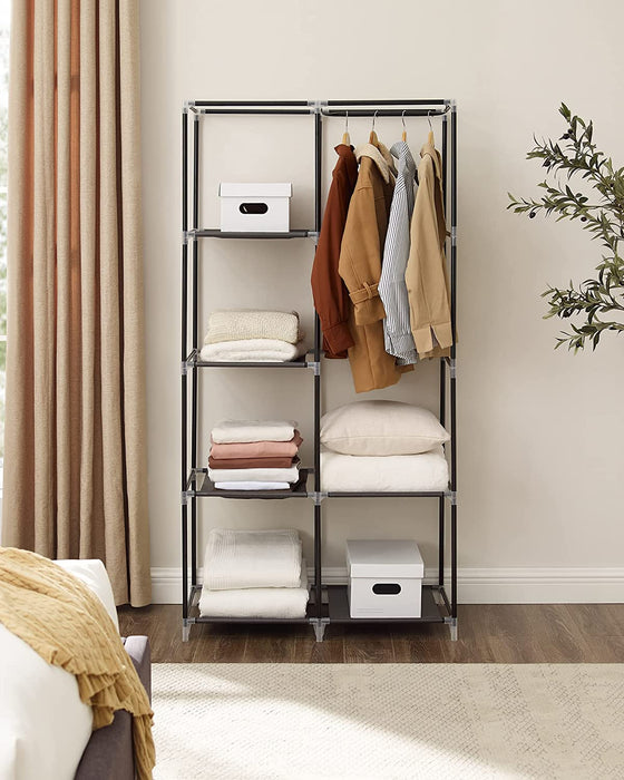Stoffschrank, Kleiderschrank, 2 Kleiderstangen, 6 Ablagen, verschiedene Aufbaumöglichkeiten, 88 x 45 x 168 cm, für Schlafzimmer, Ankleidezimmer, schwarz