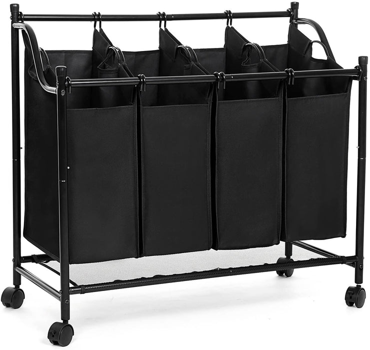 Wäschekorb mit 4 Fächern, Wäschesortierer, Wäschesammler, mit Rädern, abnehmbare Taschen, Spielzeugaufbewahrung, 4 x 35 Liter, schwarz