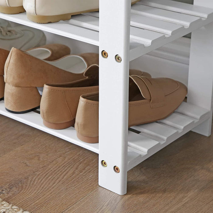 Schuhbank aus Bambus, Schuhregal mit 2 Regalebenen, Sitzbank, für Flur, Wohnzimmer, Sitzfläche bis 150 kg belastbar, 71 x 29 x 49 cm, weiß-grau