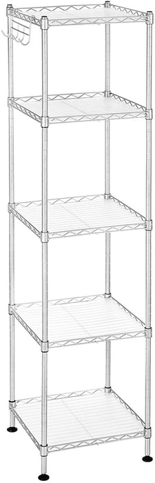 Badezimmerregal, Standregal, Metallregal, bis 100 kg belastbar, mit 5 PP-Platten, abnehmbare Haken, 30 x 30 x 123,5 cm, erweiterbar, für kleine Räume