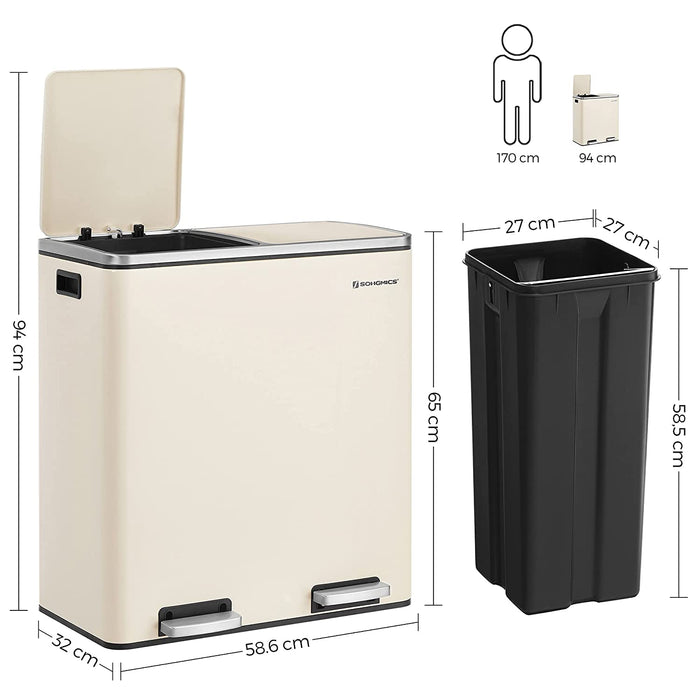 Mülleimer, 2 x 30 L, 2 Fächer, Mülltrennsystem, Treteimer, Abfalleimer Küche, 15 Müllsäcke, aus Metall, Inneneimer aus Kunststoff, Klappdeckel