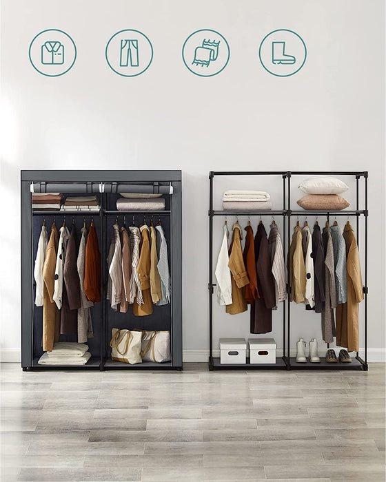Kleiderschrank, Stoffschrank, Garderobe mit Kleiderstangen, Aufbewahrung für Kleidung, Kleiderständer, faltbar, Ankleidezimmer, Schlafzimmer, grau