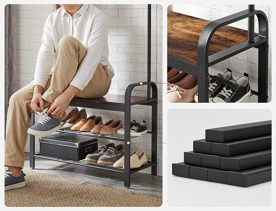 Garderobenständer, Garderobe, Schuhregal mit Sitzfläche, Kleiderständer mit 9 abnehmbaren Haken, Sitzbank, Industrie-Design, vintagebraun-schwarz