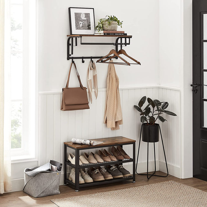 Wandgarderobe mit Ablage, Wandregal mit 5 abnehmbaren Haken, wandmontiertes Hängeregal mit Hängestange, für Flur, Schlafzimmer