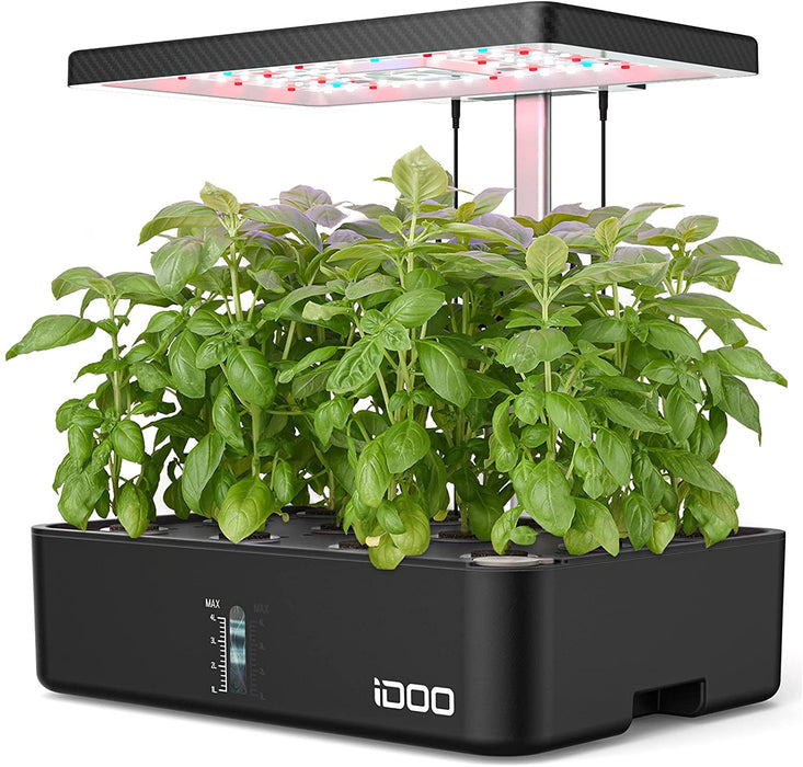 Hydroponisches Anzuchtsystem, 12Hülsen Smart Garden, 23W LED Pflanzenlampe mit Automatisch Timer, Höhenverstellbar Indoor Kräutergarten Kit, Schwarz